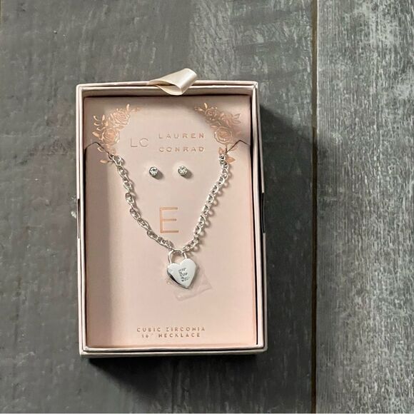 E Heart Silver Necklace and Cubic Zirconium Earrings Set - Picture 1 of 1